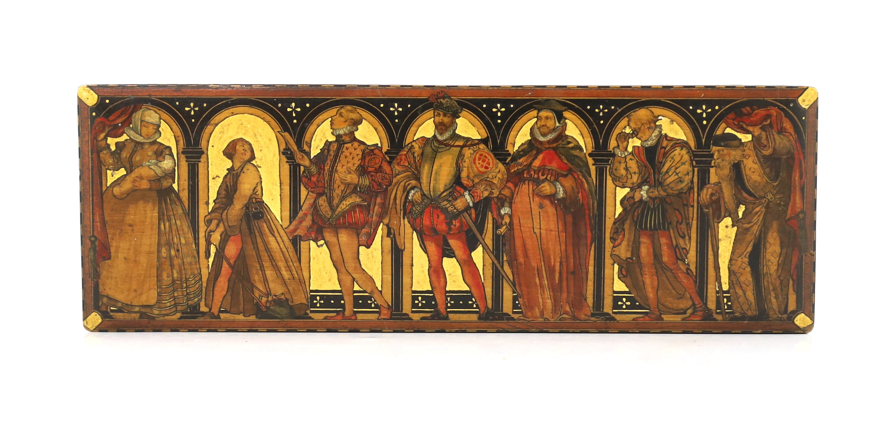 Gwendolen Beatrice White (British, 1904-1981), The Seven Ages of Man Casket, whitewood with stained and gilt gesso decoration, 32.5 x 11 x 7.5cm